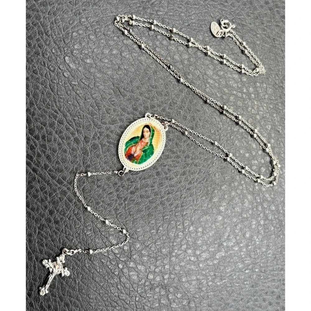 Vintage Dyadema Sterling Silver Rosary Enamel Mary Medal Necklace Pendant Cross